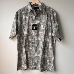 Weekender Casual Lifestyle Green & Beige Short Sleeve Button-Up Shirt Size L